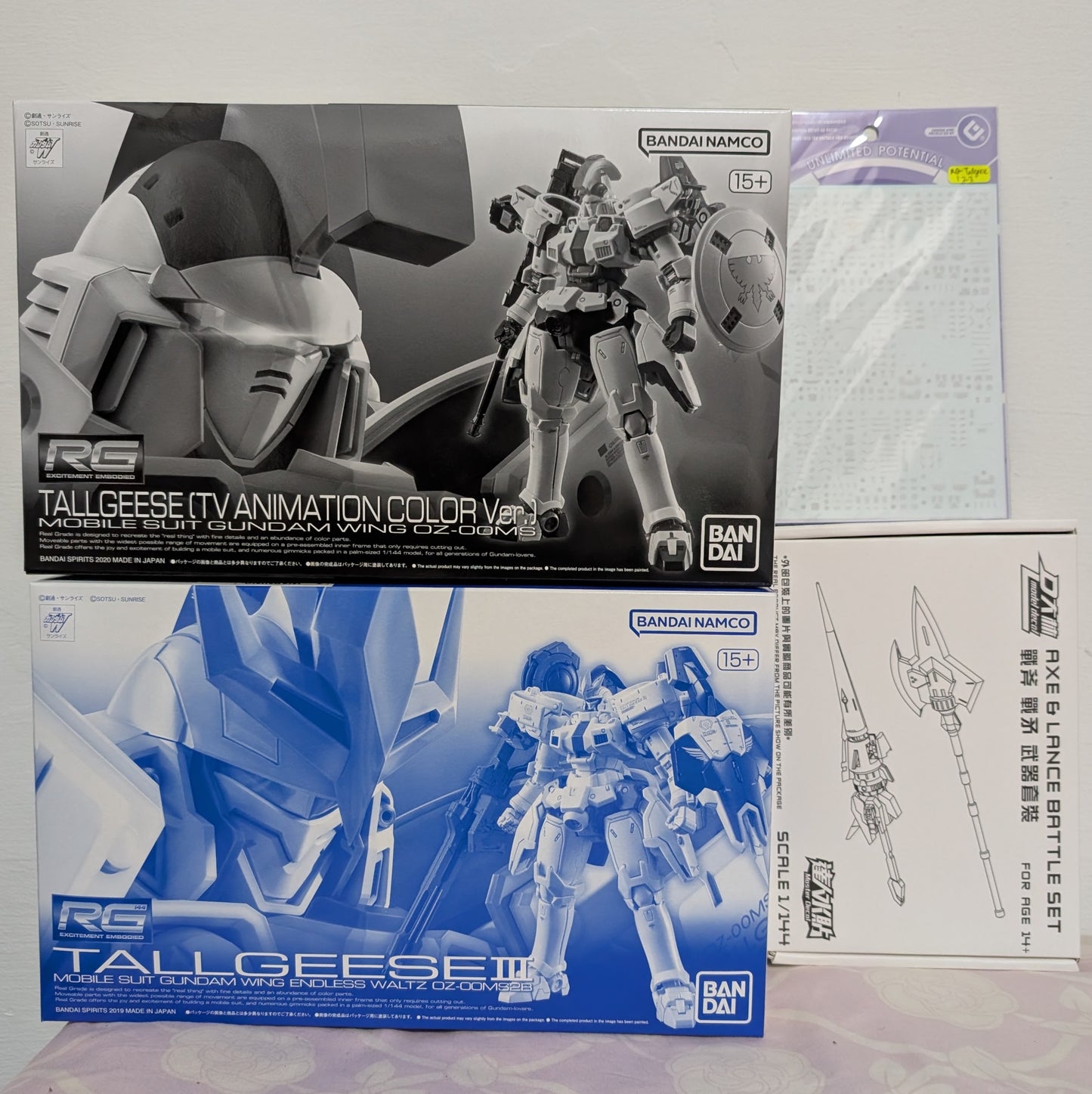 P-Bandai RG Tallgeese 1 + DB White Tallgeese Halberd and Heat Lance Armament + RG Tallgeese 3 + EVO Tallgeese 3-in-1 waterslide Bundle