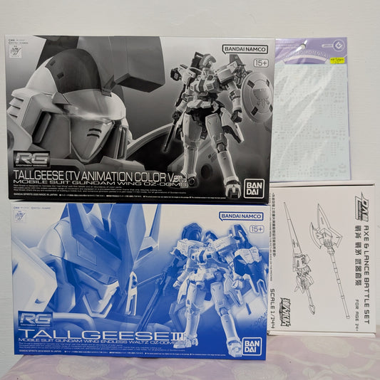P-Bandai RG Tallgeese 1 + DB White Tallgeese Halberd and Heat Lance Armament + RG Tallgeese 3 + EVO Tallgeese 3-in-1 waterslide Bundle